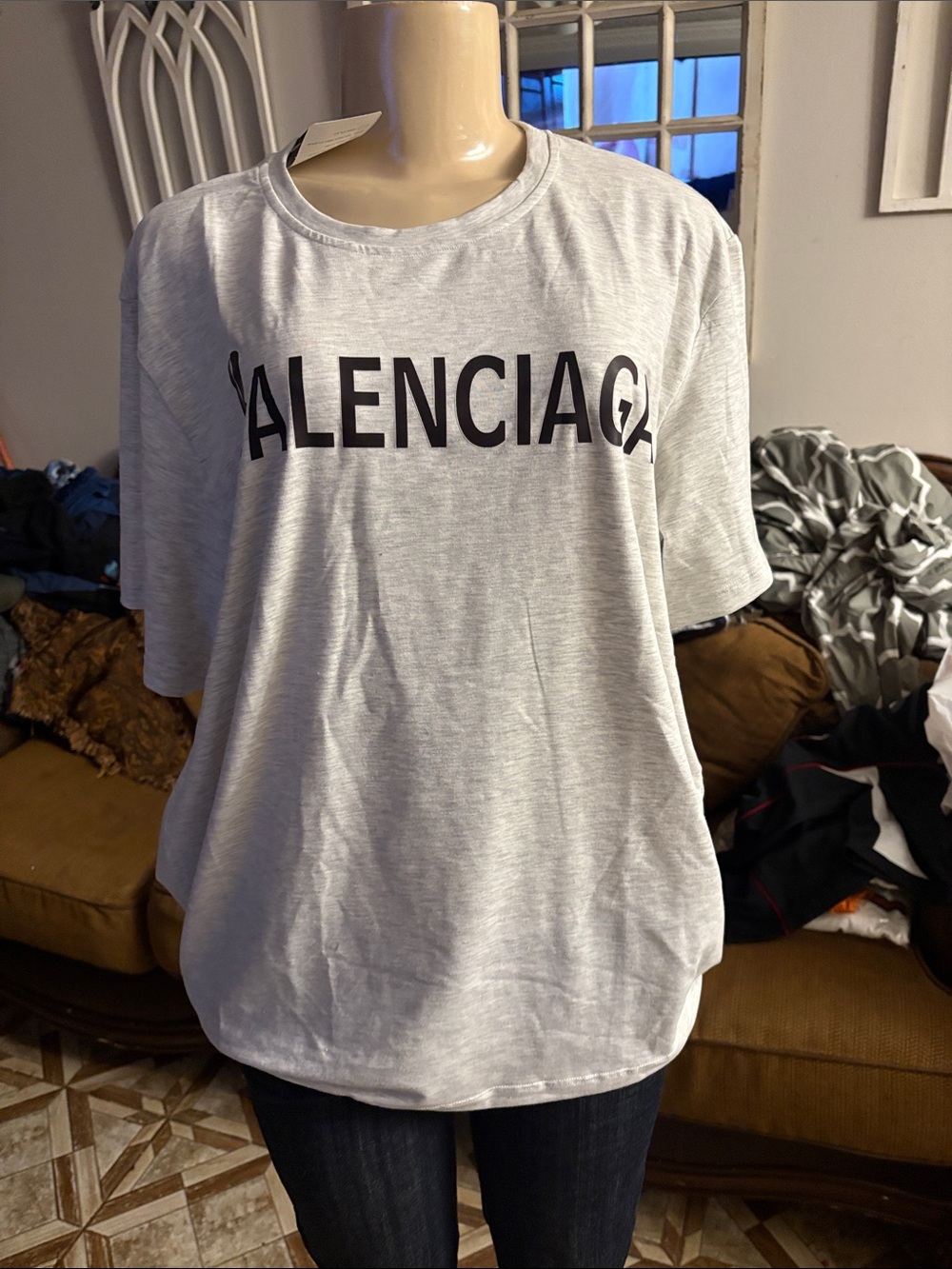 Balenciaga Light Gray and Black Logo Tee
